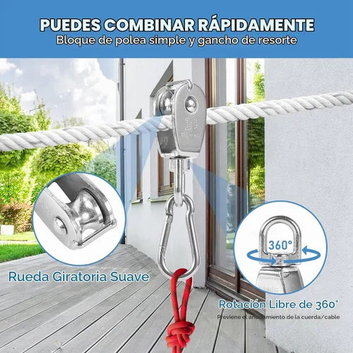 Vista 2 de 2 piezas de bloque de polea simple de acero inoxidable 304 M15, cable de alambre colgante rueda de remolque, con 2 piezas de ganchos de resorte a