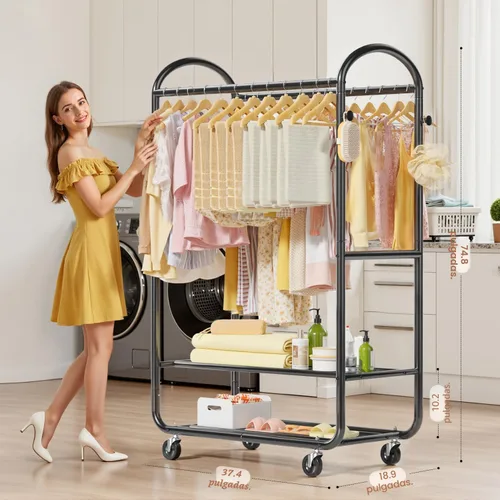 Vista 6 de EAGMAK Percheros de ropa resistentes para colgar ropa, 720 libras, perchero con ruedas con cerradura, organizador de armario de metal para Negro