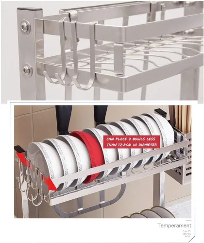 Vista 2 de Escurridor de platos de acero inoxidable de 2 niveles, jaula para palillos, estante para tabla de cortar, ahorra espacio