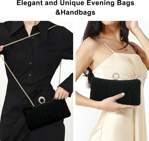 Vista 7 de Bolso de mano de noche dorado con purpurina para mujer, bolso de noche plisado para fiesta de boda y novia