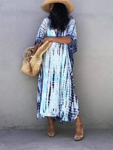 Vista 6 de RanRui - Vestido tipo caftán para mujer, de talla extragrande, con estampado de rayas, teñido anudado, cuello en V, holgado y suave