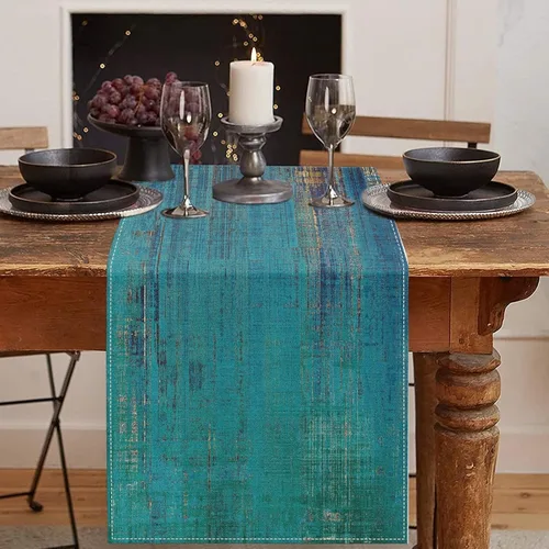 Vista 16 de Emvency - Camino de mesa de estilo granja, pintura de arte abstracto vintage en azul y gris para mesa de cocina, cenas familiares, fiestas, bodas