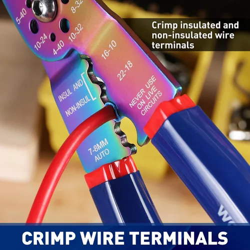 Vista 4 de WORKPRO Pelacables de 8"/herramienta de prensado de cables, herramientas para pelacables para 10-22 AWG, cortador de cables, crimpadora de cables