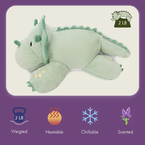 Vista 2 de KOWSI® Almohadilla térmica de felpa Triceratops con peso de 1.4 libras para Triceratops verde claro