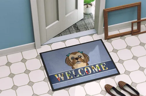 Vista 4 de Caroline's Treasures BB1435JMAT - Tapete de bienvenida Shih Tzu color marrón chocolate, 24 x 36 pulgadas, tapete azul para puerta delantera