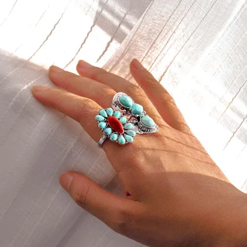 Vista 5 de Navoky Anillo de chakras, bohemio, vintage, de plata, tallado, nudillo, turquesa, piedra curativa, joyería de mano para mujeres y niñas