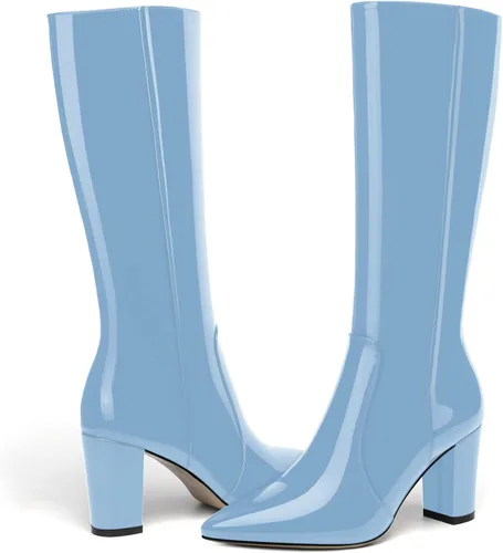 Vista 97 de AMBELIGHT Botas altas hasta la rodilla con cremallera y puntera puntiaguda para mujer, de patente sólida, tacón alto, 3.3 pulgadas