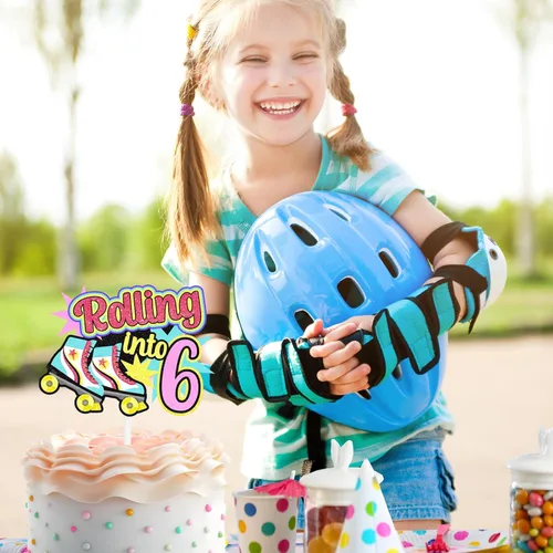 Vista 4 de Decoraciones retro para tartas de patinaje sobre ruedas para cumpleaños de 7 años, decoraciones enrollables, fiesta de cumpleaños de niños y niñas
