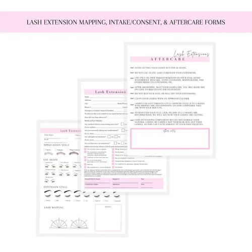 Vista 7 de Extensiones de pestañas de consentimiento, ingesta, formularios de cuidado posterior con estilo de aplicación de rizo de longitud de mapeo Paquete