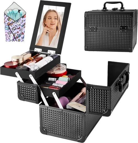 Vista 7 de Neceser de Tren de Maquillaje, Estuche de Maquillaje Portátil con Espejo, Organizador de Cosméticos de 2 Bandejas, Organizador de Esmalte de Uñas