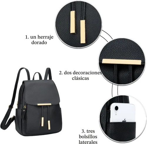 Vista 4 de KKXIU - Mochila de cuero de moda para mujeres y damas, bolsa de viaje y para el día, con correa para los hombros, A-Negro, Mediana, Mochila