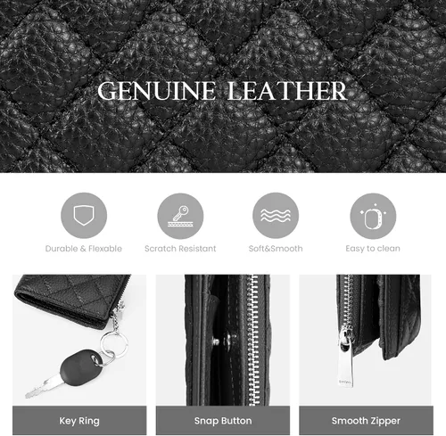 Vista 5 de befen Cartera delgada de cuero auténtico con RFID, billetera de dos pliegues para mujer con bolsillo con cremallera y llavero, Negro, Talla única