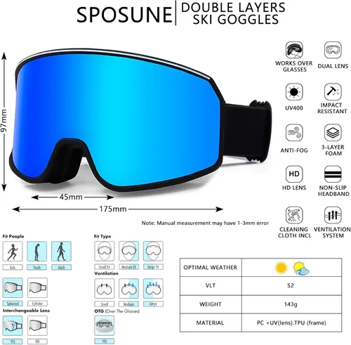 Vista 3 de SPOSUNE Gafas de esquí sobre gafas con doble lente Gafas de nieve antivaho anti-UV para hombres, mujeres, jóvenes, esquí, motos de nieve