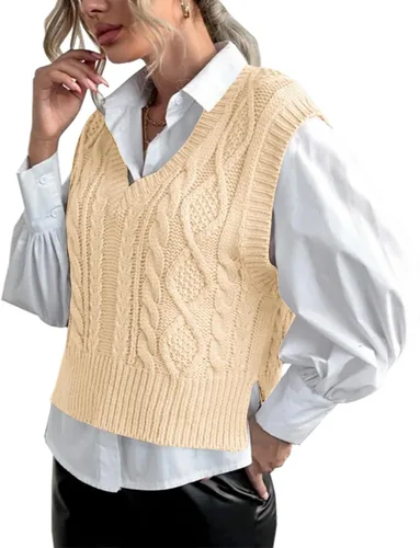 Vista 3 de Chaleco de suéter para mujer Lueluye V cuello sin mangas de punto sólido casual acanalado estilo preppy Beige