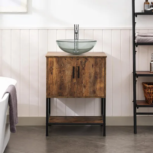 Vista 4 de UEV Juego de tocador de baño antiguo de 24 pulgadas, color marrón oscuro con lavabo, armario de baño de madera de hierro con grifo de temperatura