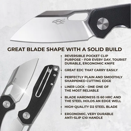 Vista 6 de Firebird GANZO FH924-BK Cuchillo Plegable de Bolsillo con Rodamiento de Bolas Wharncliffe Hoja de Acero D2 Mango G10 Antideslizante con Clip Camping