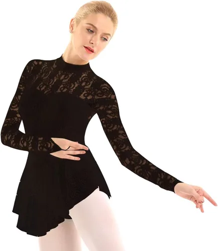 Vista 3 de JEATHA Leotardo de ballet de encaje floral para mujer, mangas para dedos, vestido de patinaje sobre hielo