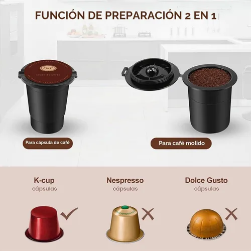 Vista 5 de Cafetera 3 en 1 de una sola porción, cápsula, cafetera molida y tetera, cafetera compacta de preparación rápida con pantalla táctil y depósito