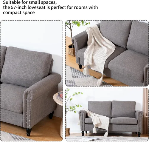 Vista 9 de J.C.UP Sofá biplaza de 57 pulgadas, sofás pequeños para sala de estar con tela de lino, cómodo sofá tapizado para dormitorio con patas de madera Gris