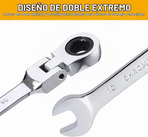 Vista 3 de Llave de trinquete de 10 mm con cabeza flexible: Llave de caja de 12 puntos Llave combinada de trinquete métrica de cromo vanadio