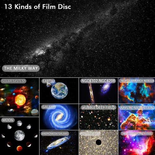 Vista 2 de Proyector de galaxia para dormitorio, proyector de estrellas de imagen HD, luz de galaxia, 13 discos de película planetario con perilla ajustable