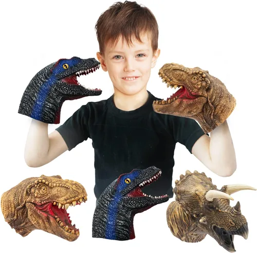 Vista 2 de Yolococa Juego de títeres de mano de dinosaurio realista de látex suave con cabeza de animal, juguetes de marionetas de mano, regalo para niños