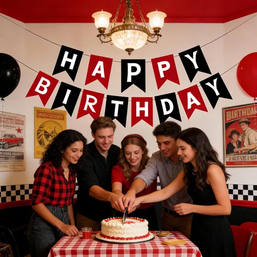 Vista 5 de Cartel de feliz cumpleaños negro y rojo – Guirnalda de letras de bricolaje, pancartas colgantes para pared y puerta, decoraciones de fiesta