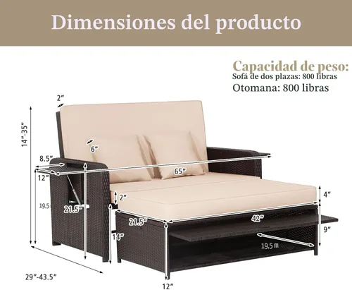 Vista 9 de LDAILY Moccha - Sofá cama para exteriores, sofá biplaza de mimbre con respaldo ajustable de 4 posiciones, otomana de almacenamiento, cojines Beige
