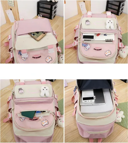 Vista 6 de Juego de 5 mochilas kawaii lindas con alfileres colgantes de oso de retazos, diseño de conejito de anime japonés, Rosado, Japonés
