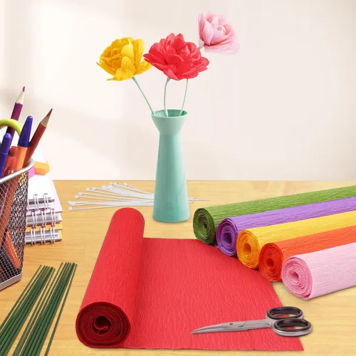 Vista 6 de MicButty - Juego de 42 flores de papel crepé, rollo de papel crepé con cinta floral, flores de alambre de hierro floral para manualidades, boda
