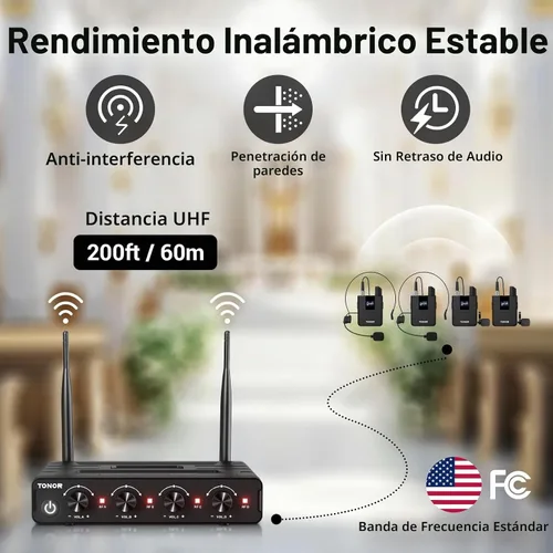 Vista 4 de TONOR Sistema de Micrófonos Inalámbricos con Auriculares UHF/Micrófonos de Solapa Lavalier, Transmisor Corporal, Receptor, 4 x 10 Canales, Alcance