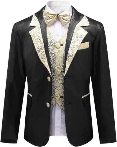 Vista 2 de SWOTGdoby Trajes ajustados para niños, 4 piezas, chaleco, chaleco, pantalones, chaqueta de lazo con bordes dorados para bodas, fiestas, bailes
