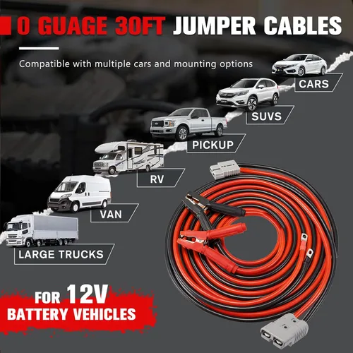 Vista 2 de FIERYRED Cables de puente de conexión rápida de calibre 0 de 30 pies, cables de refuerzo resistentes de 1200 A con bolsa de viaje, cable de arranque