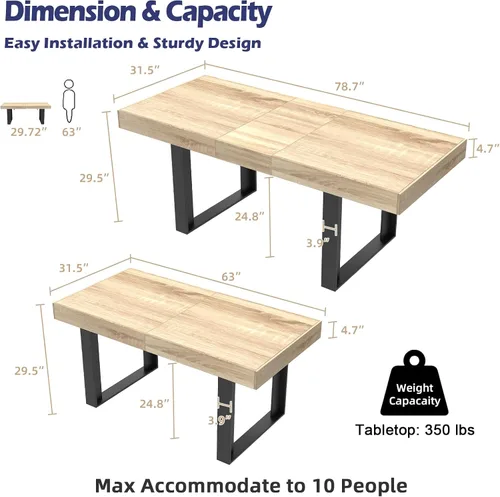 Vista 2 de STHOUYN - Mesa de comedor extensible de 63"-79", moderna de estilo campestre, de madera para la cocina, larga y expandible para 6, 8, 10, gran mesa