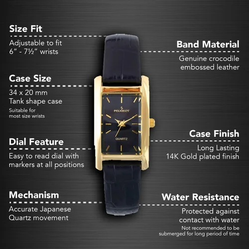 Vista 2 de Peugeot - Reloj clásico para mujer chapado en oro de 14 quilates, caja rectangular en forma de tanque con correa de cuero y esfera de fácil lectura