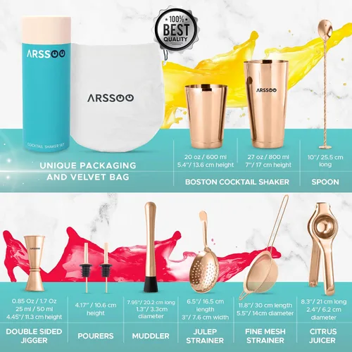 Vista 3 de Bartender Kit - Juego de coctelera de acero inoxidable de 11 piezas Herramientas de bar profesionales Perfect Home, cocteleras Boston