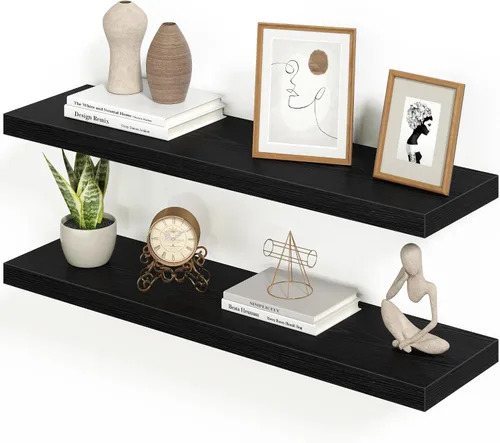 Vista 22 de Heimlove Juego de 2 estantes flotantes de 16 pulgadas para pared, estante negro para baño pequeño, dormitorio, sala de estar, cocina, decoración