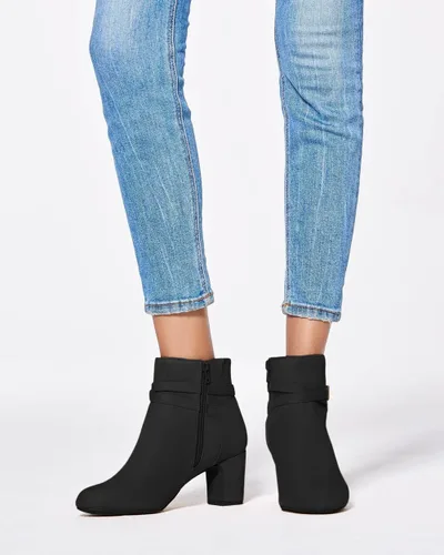 Vista 3 de Botas de tobillo para mujer, tacón grueso, punta redonda, hebilla multicorrea, cremallera lateral, botines de otoño, zapatos de vestir