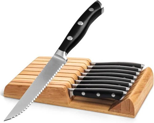 Vista 14 de Alata Juego de cuchillos para carne de 8 piezas, 4.7 pulgadas con borde dentado, cuchillos afilados para cena, construcción de espiga completa Negro