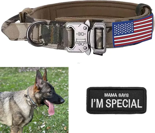 Vista 9 de Collar táctico para perro con bandera estadounidense de Estados Unidos, collar militar grueso con asa, collar de nailon resistente K9, hebilla