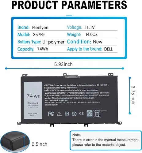 Vista 4 de Batería de portátil 74WH 357F9 para Dell Inspiron 15 7000 Gaming 15 7559 i7559 7557 i7557 7567 5577 5576 756 7759 i7559-5012GRY i5577-733 42BLK-PUS