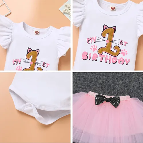 Vista 5 de IDOPIP Duck Cat 1st Birthday Outfit for Baby Girls Flutter Sleeve Romper Tutu Skirt Headband Cake Smash Party Dress Clothes