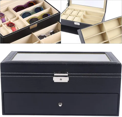 Vista 2 de Estuche organizador de joyas para relojes, de cuero negro para 6 relojes + 9 gafas con parte superior de cristal, regalo para hombres y mujeres