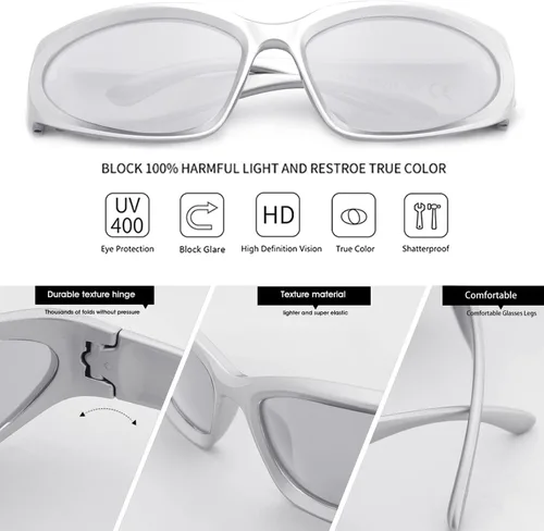 Vista 4 de knliwkm Y2K - Gafas de sol envolventes deportivas futuristas ovaladas para mujeres y hombres 2022 a la moda, color plateado