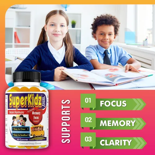 Vista 2 de Superkids - Gomitas de enfoque para niños con Omega 3 DHA, gomitas de apoyo cerebral para niños y adolescentes, gomitas de memoria y concentración