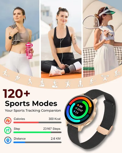Vista 6 de Reloj inteligente para mujer, rastreador de actividad física HD de 1.27 pulgadas con 4 bandas y juego de regalo de collar, monitor de sueño SpO2