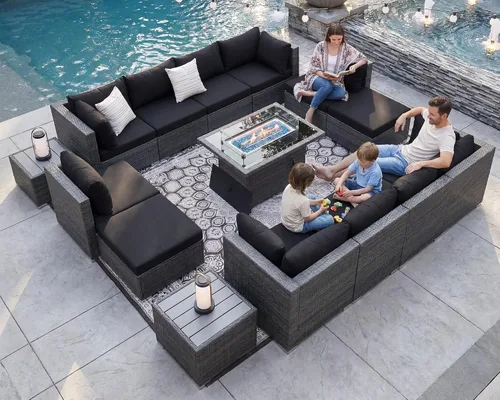 Vista 127 de NICESOUL Juego de muebles de patio de ratán extra grande con mesa para fogata de gas y propano, 29.3 pulgadas, respaldo alto, cómodos conversaciones