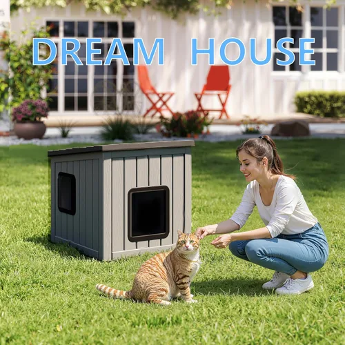 Vista 4 de DRATO Casa para gatos al aire libre, impermeable, material de polipropileno, refugio para gatos, robusto, resistente, fácil de montar, cálida casa