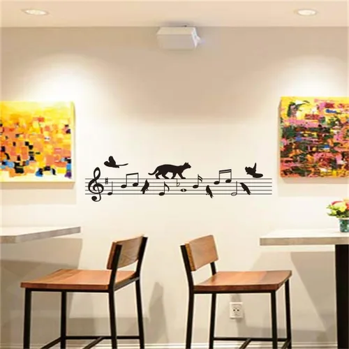 Vista 3 de Adhesivo de pared con gato del personal de música, calcomanía de nota creativa para amantes de la música y habitaciones de niños, decoración