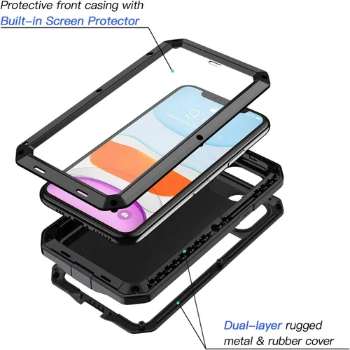 Vista 3 de Lanhiem Funda de metal para iPhone 11, resistente a los golpes, resistente a los golpes, con protector de pantalla de vidrio integrado, funda Negro